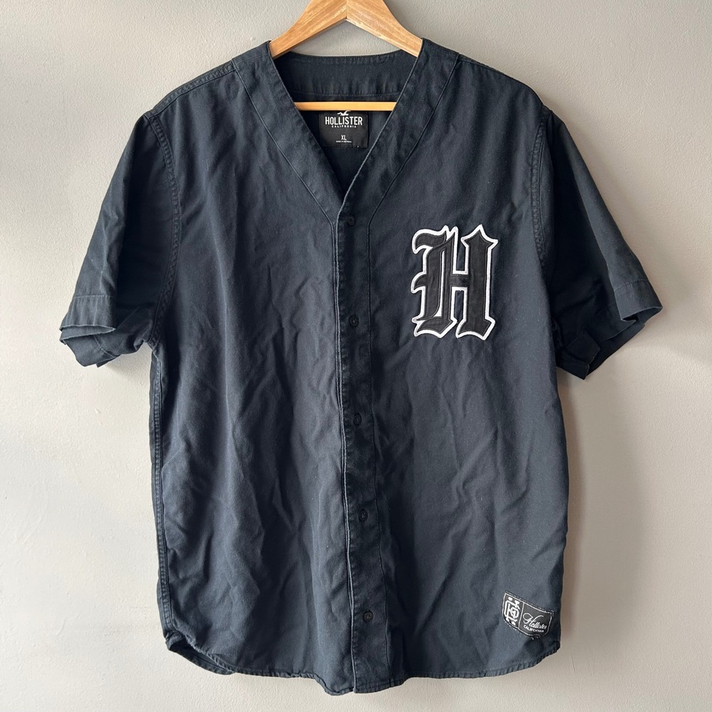 Hollister Mens Baseball Jersey‎ Shirt Black Gothic H Logo Button Up XL